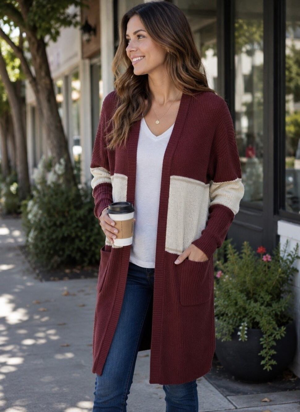 Sanctuary Sweater Women's Size XL Maroon Cream Striped Long Sleeve Open Cardigan